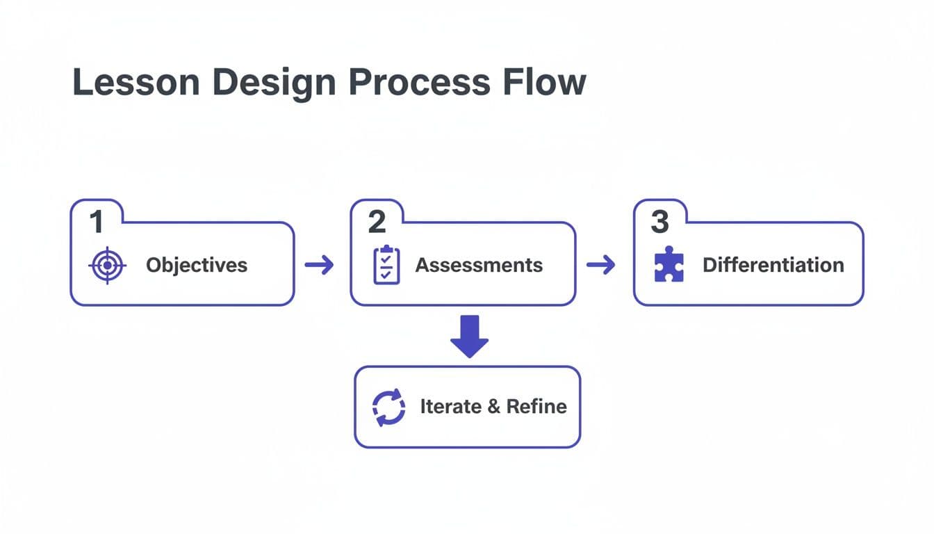 Flowchart illustrating the Lesson Design Process: Objectives, Assessments, Differentiation, and Iterate & Refine.