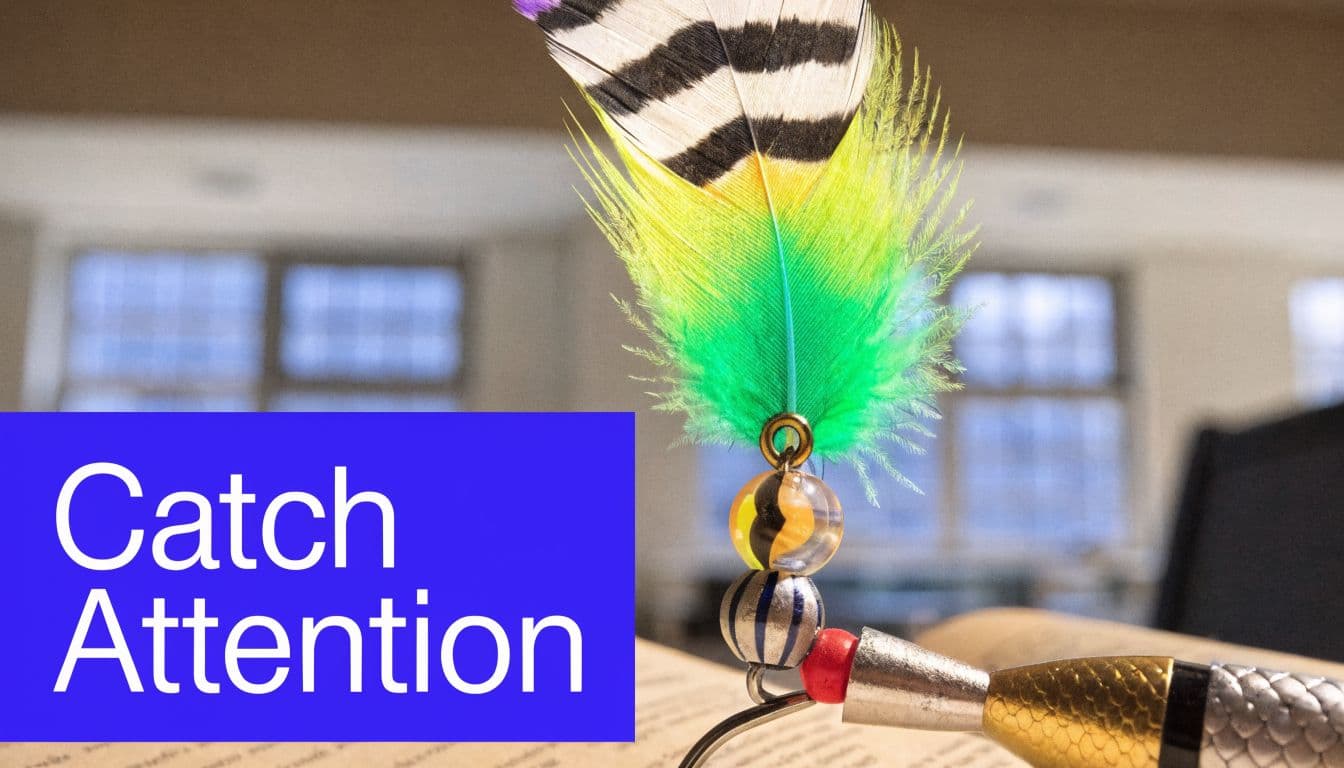 A close-up of a colorful fishing lure sitting on a book with text that says Catch Attention.