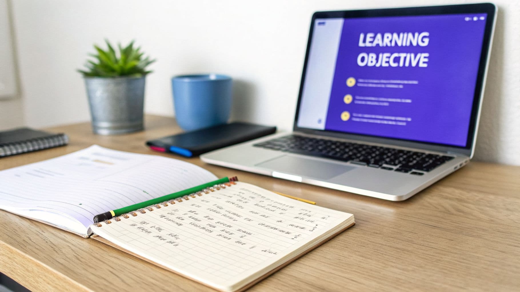 A clean desk with a laptop displaying 'Learning Objective', open notebooks, and a potted plant.