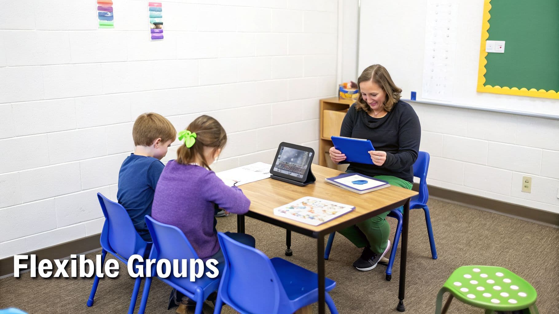 A teacher guides two elementary students with tablets at a classroom table, demonstrating flexible learning.