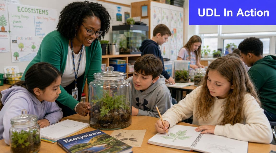 A teacher helps students observe plants in terrariums during an interactive science lesson in a classroom.