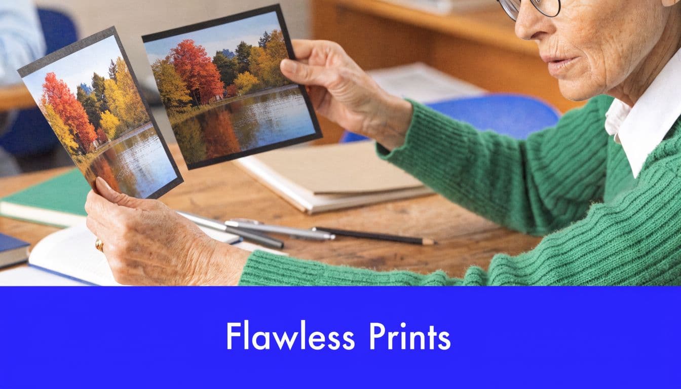 An elderly person wearing a green sweater holding two autumn landscape photographs over a wooden desk.