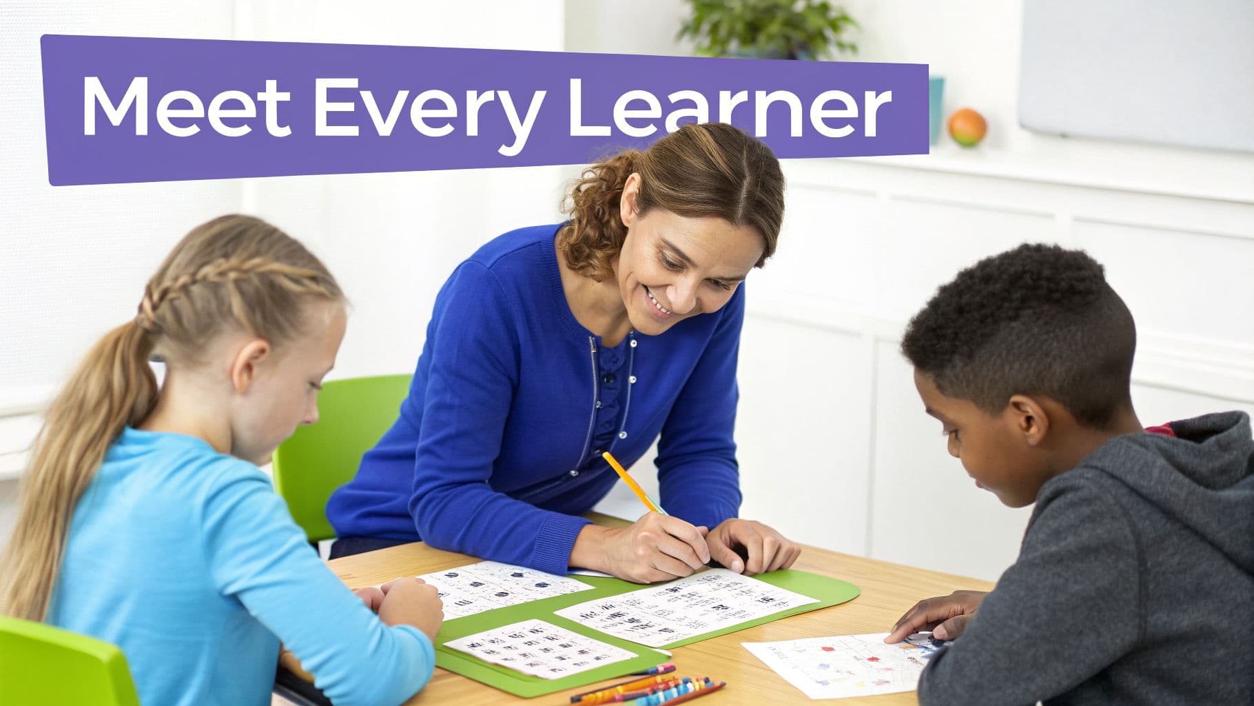 A smiling teacher helps two young students, a girl and a boy, with their lesson at a table.