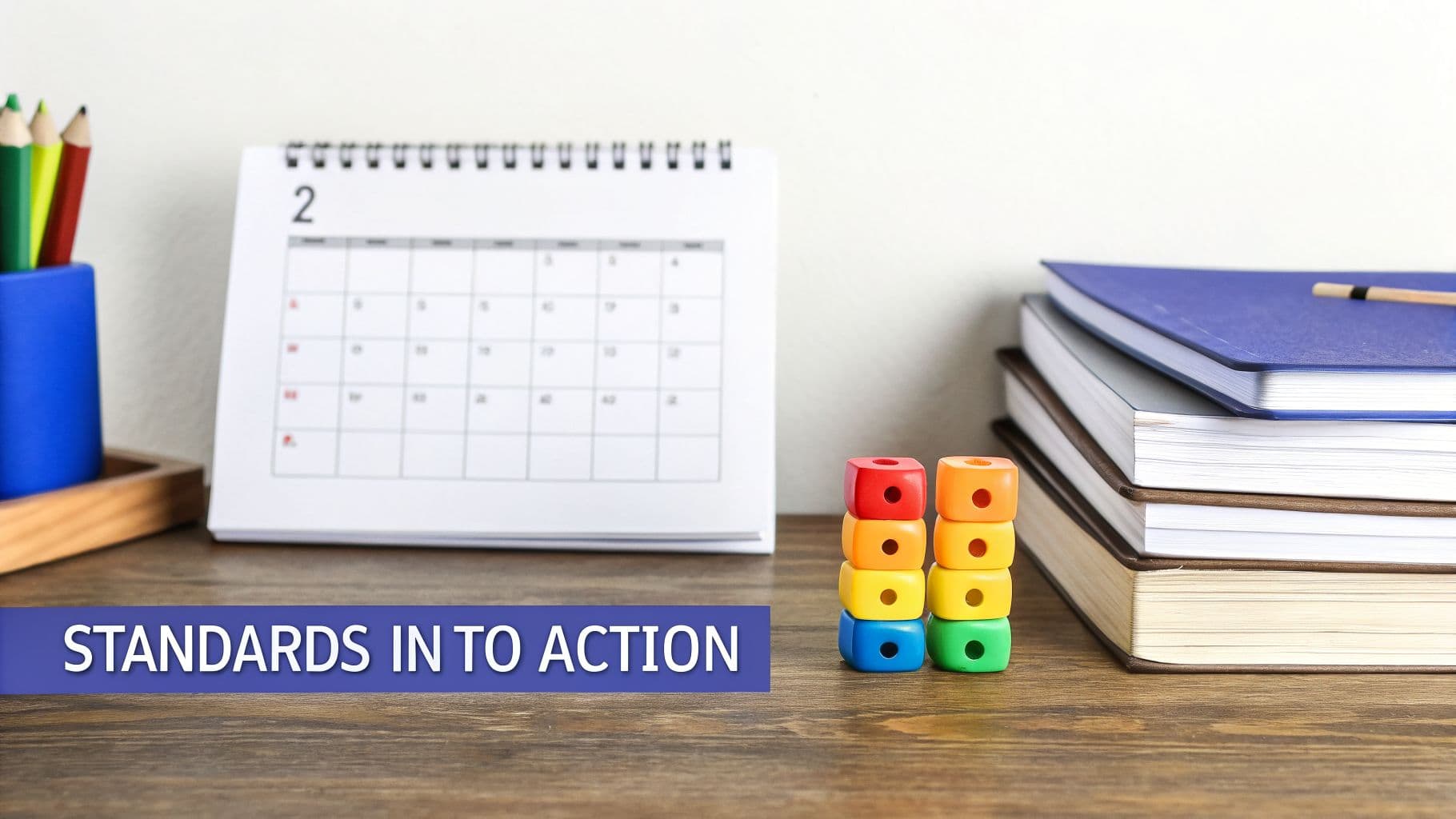 A school desk with a February calendar, colorful pencils, connecting cubes, books, and 'STANDARDS IN TO ACTION' text.