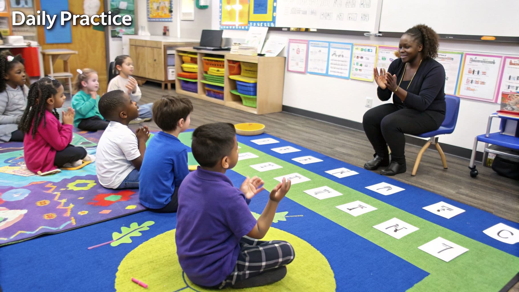 A teacher claps with diverse young children on a colorful classroom rug, engaged in a learning activity.