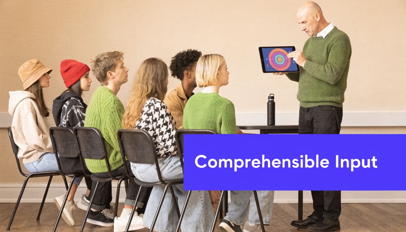 A teacher presenting an instructional concept on a digital tablet to a small group of students.