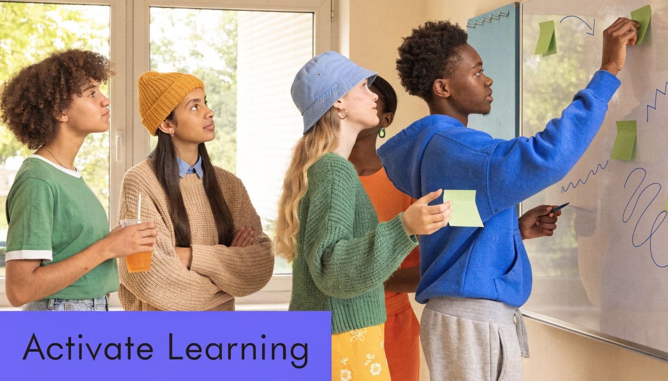A diverse group of students collaborating and brainstorming on a whiteboard with sticky notes in a classroom.
