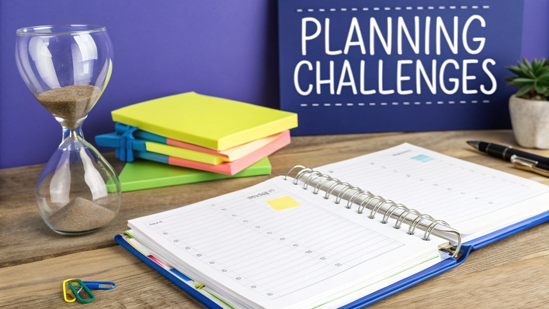 Office desk setup with 'PLANNING CHALLENGES' sign, hourglass, planner, and colorful sticky notes.
