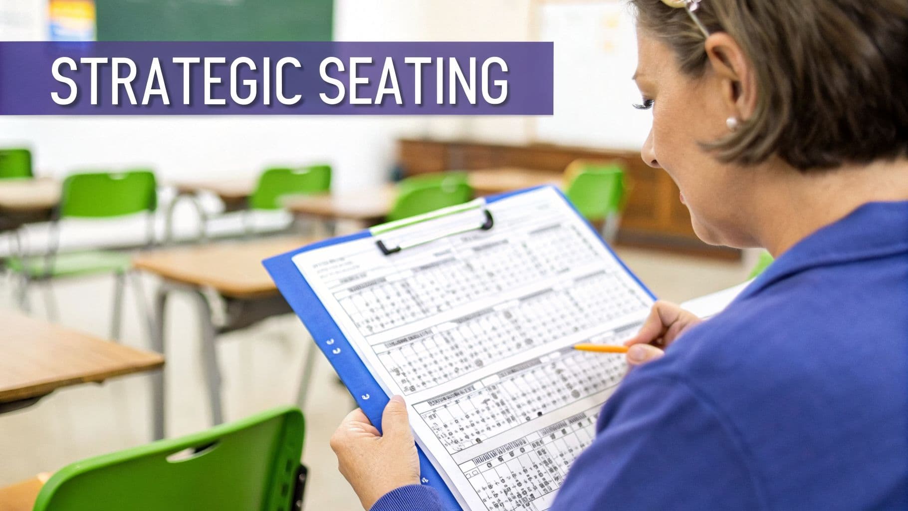 A teacher works on a strategic seating chart in a classroom with green chairs.