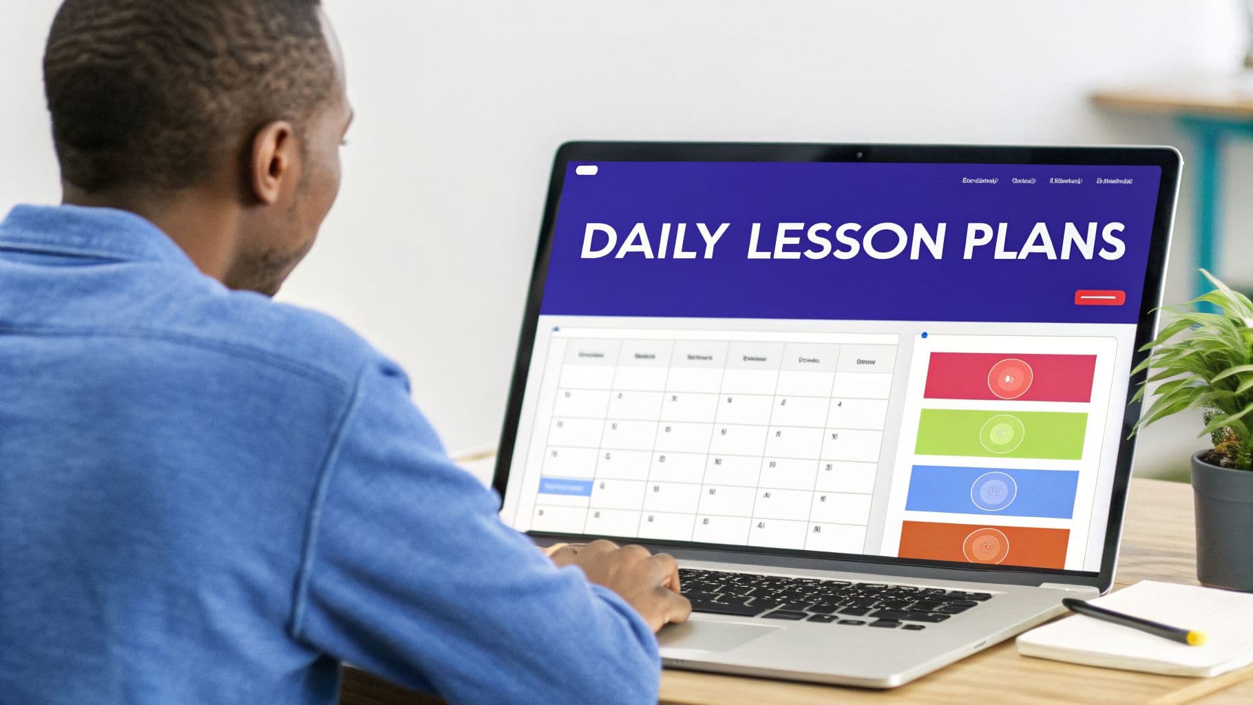 An educator works on daily lesson plans displayed on a laptop screen, showing a calendar interface.