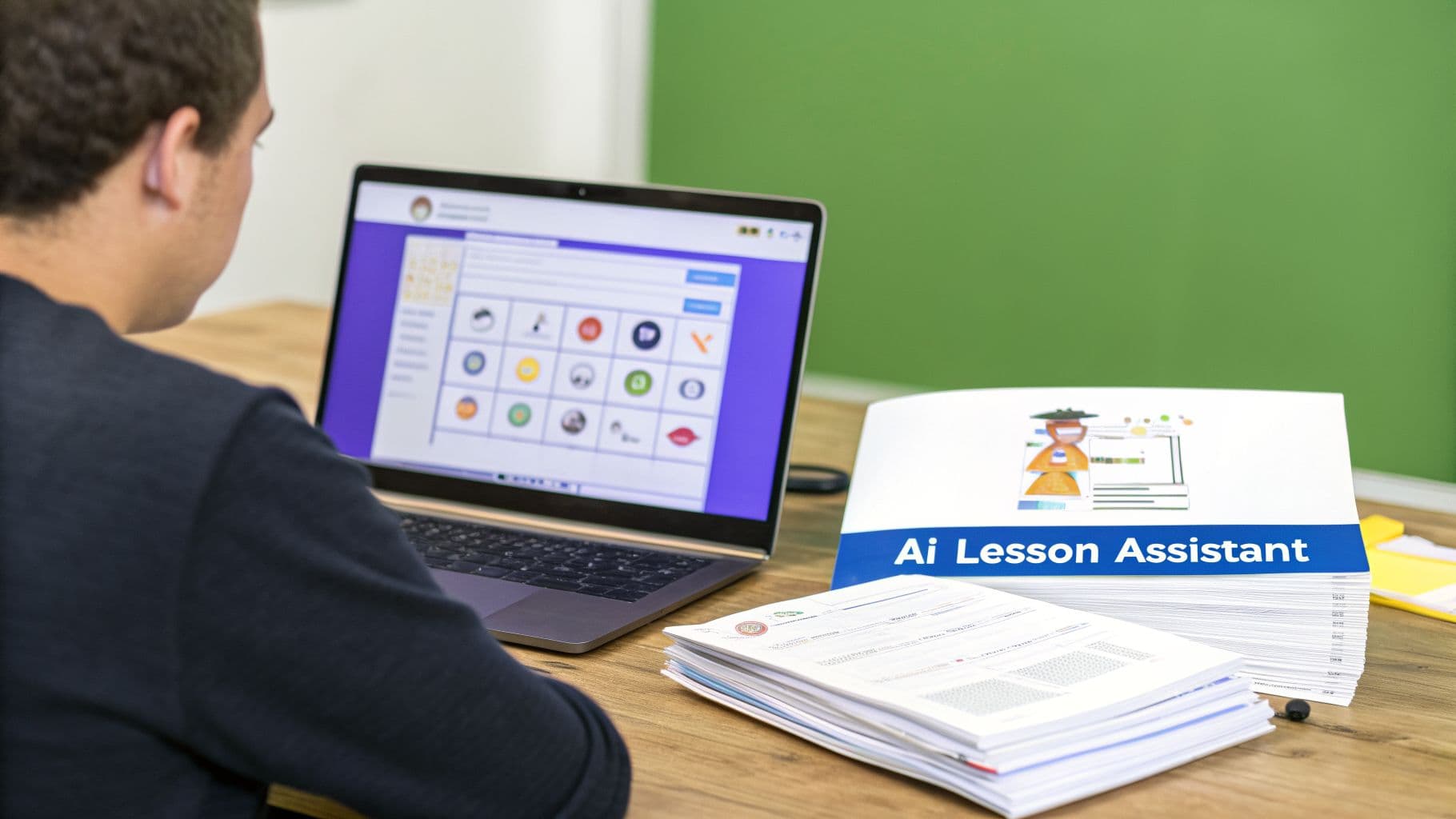 A person views a laptop screen displaying a grid of colorful icons, with a stack of 'AI Lesson Assistant' documents on a wooden desk.