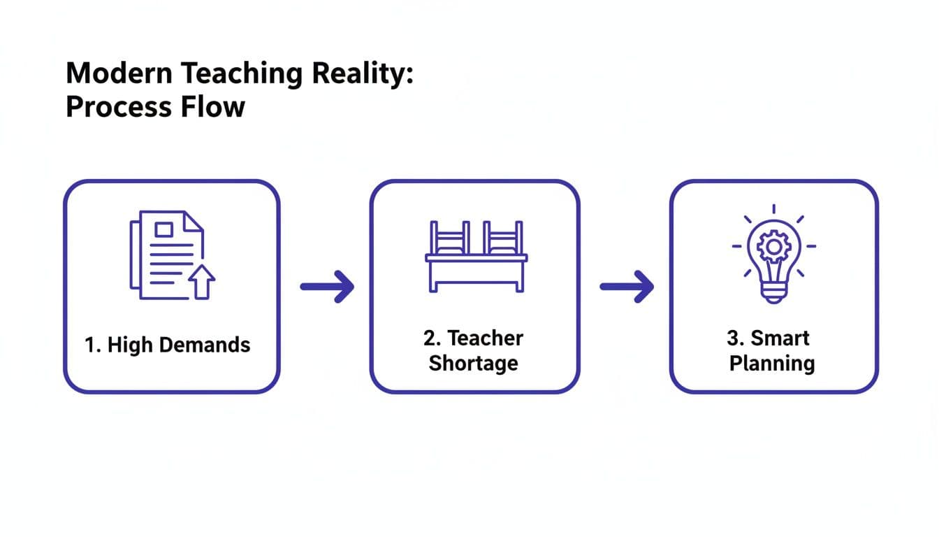 Process flow diagram illustrating modern teaching reality: high demands, leading to teacher shortage, and requiring smart planning.
