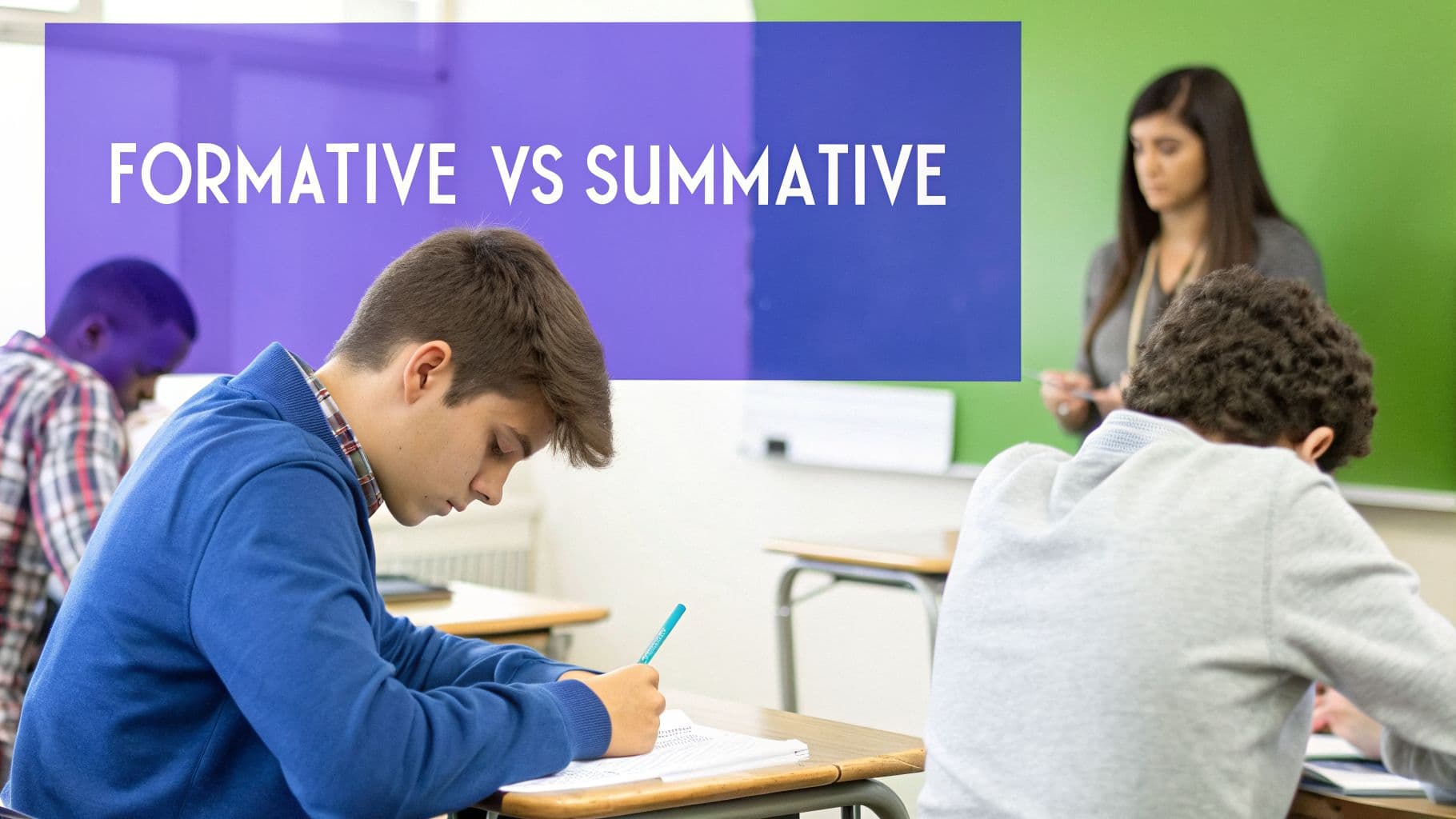 Students in a classroom working on a test, with a teacher in the background and a 'FORMATIVE VS SUMMATIVE' banner.