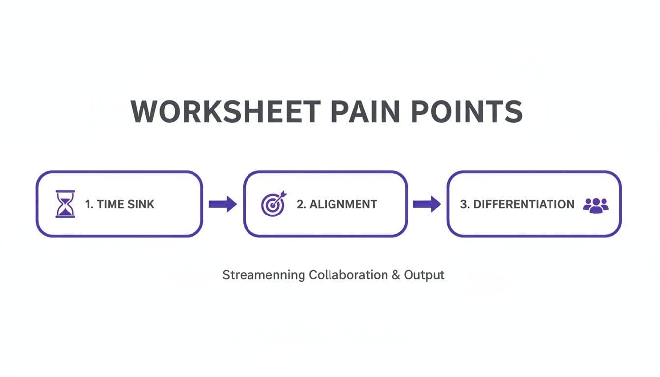 Flowchart outlining three worksheet pain points: time sink, alignment, and differentiation, for streamlined collaboration.