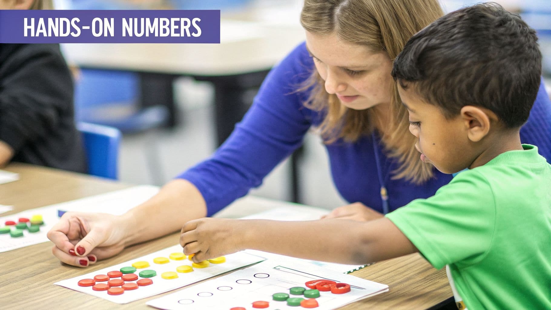 A teacher and student use colorful counting discs for hands-on number learning.