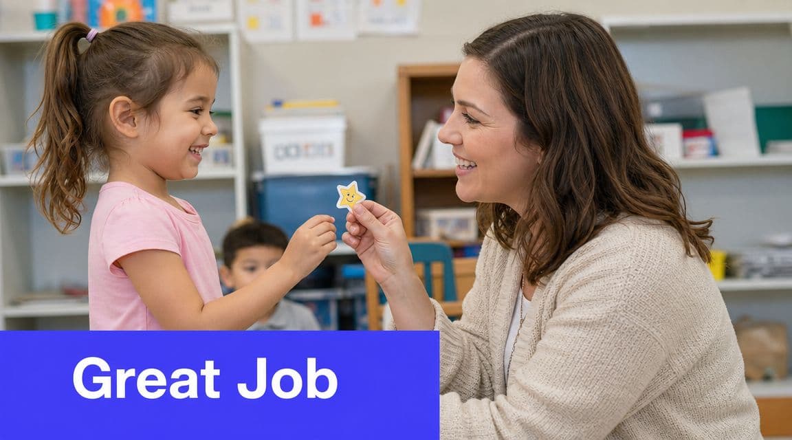A teacher hands a star sticker to a smiling preschool girl in a bright classroom setting.