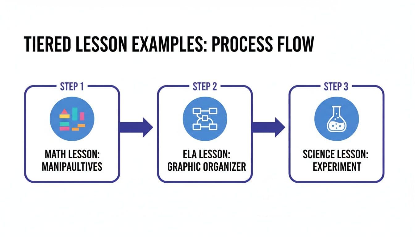 A three-step process flow illustrating tiered lesson examples: Math with manipulatives, ELA with graphic organizers, and Science with experiments.