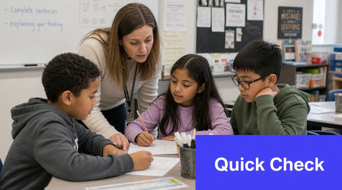 A teacher assisting young students with a classroom learning activity and academic assessment at their desks.