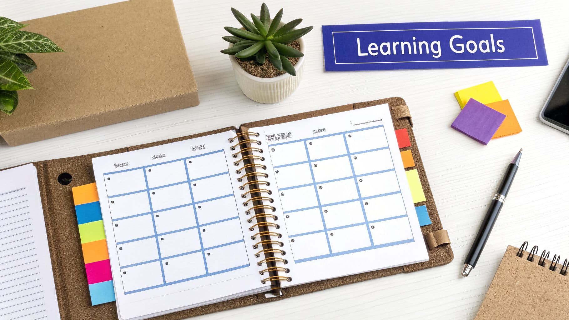 A top-down view of a desk with an open planner, a 'Learning Goals' sign, and office supplies.