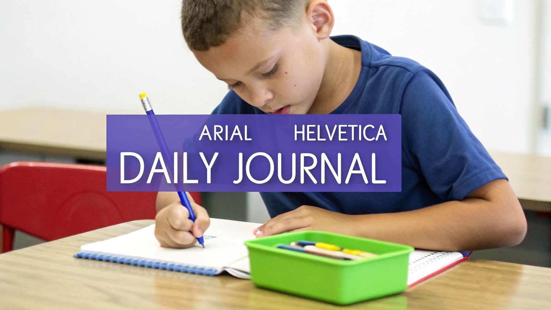 A young boy writes intently in a notebook with a blue pencil, focusing on his daily journal.