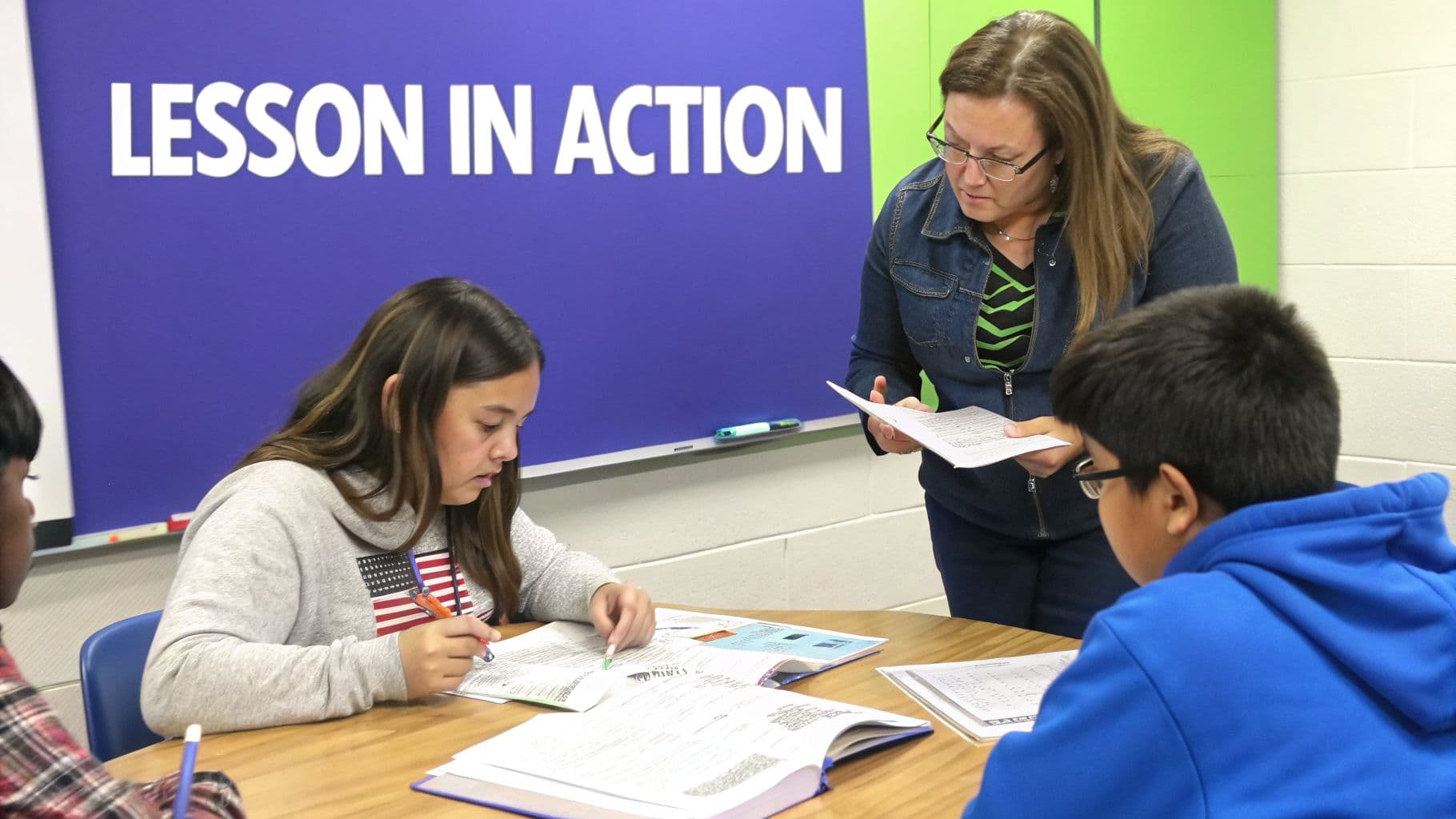 A female teacher guides two students working at a round table during a classroom lesson.