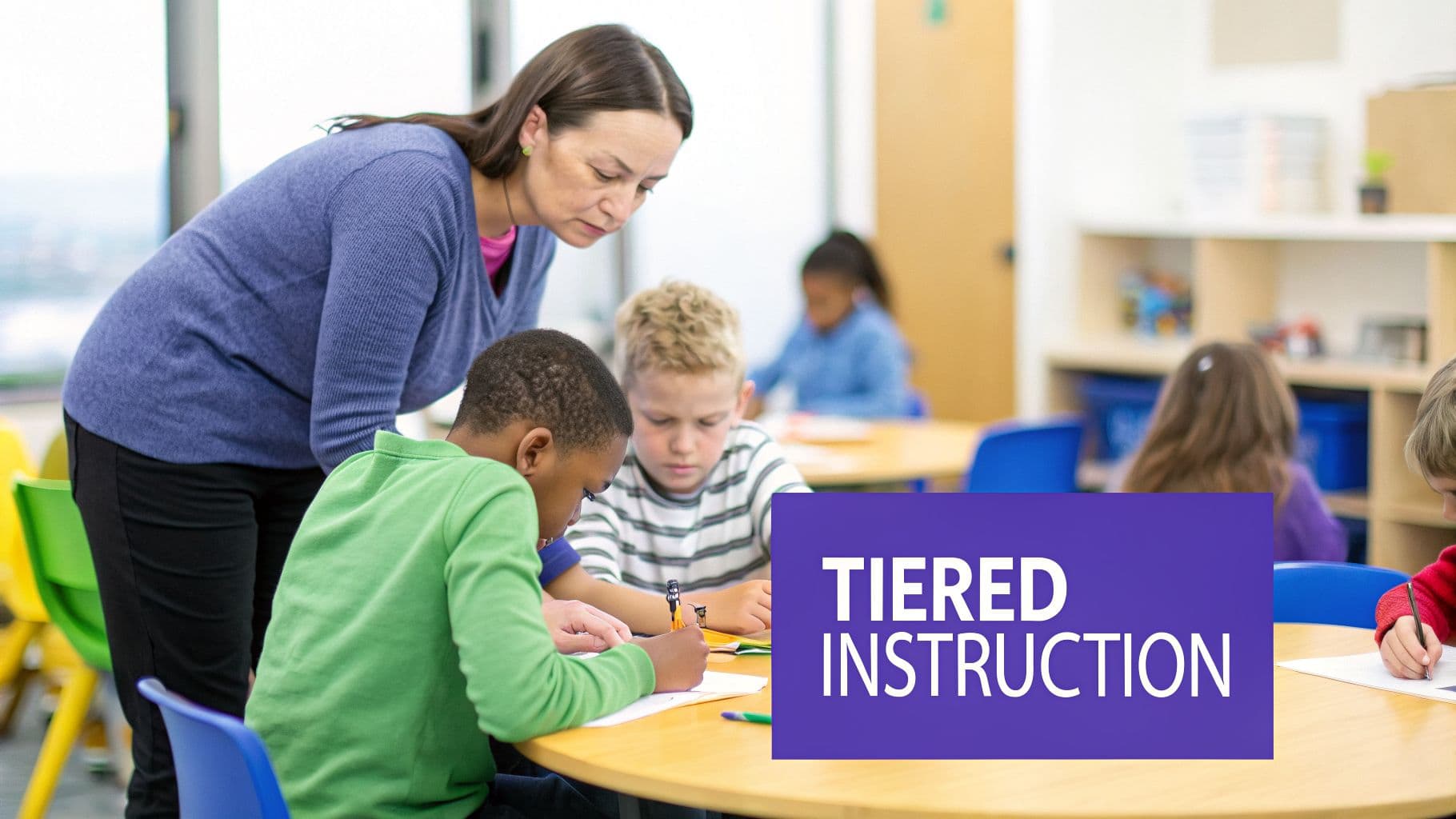 A female teacher helps two young students writing at a classroom table, with a 'TIERED INSTRUCTION' graphic.