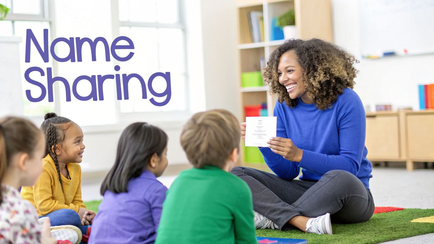 Smiling teacher leads a name-sharing activity with diverse kindergarten students on a colorful rug.