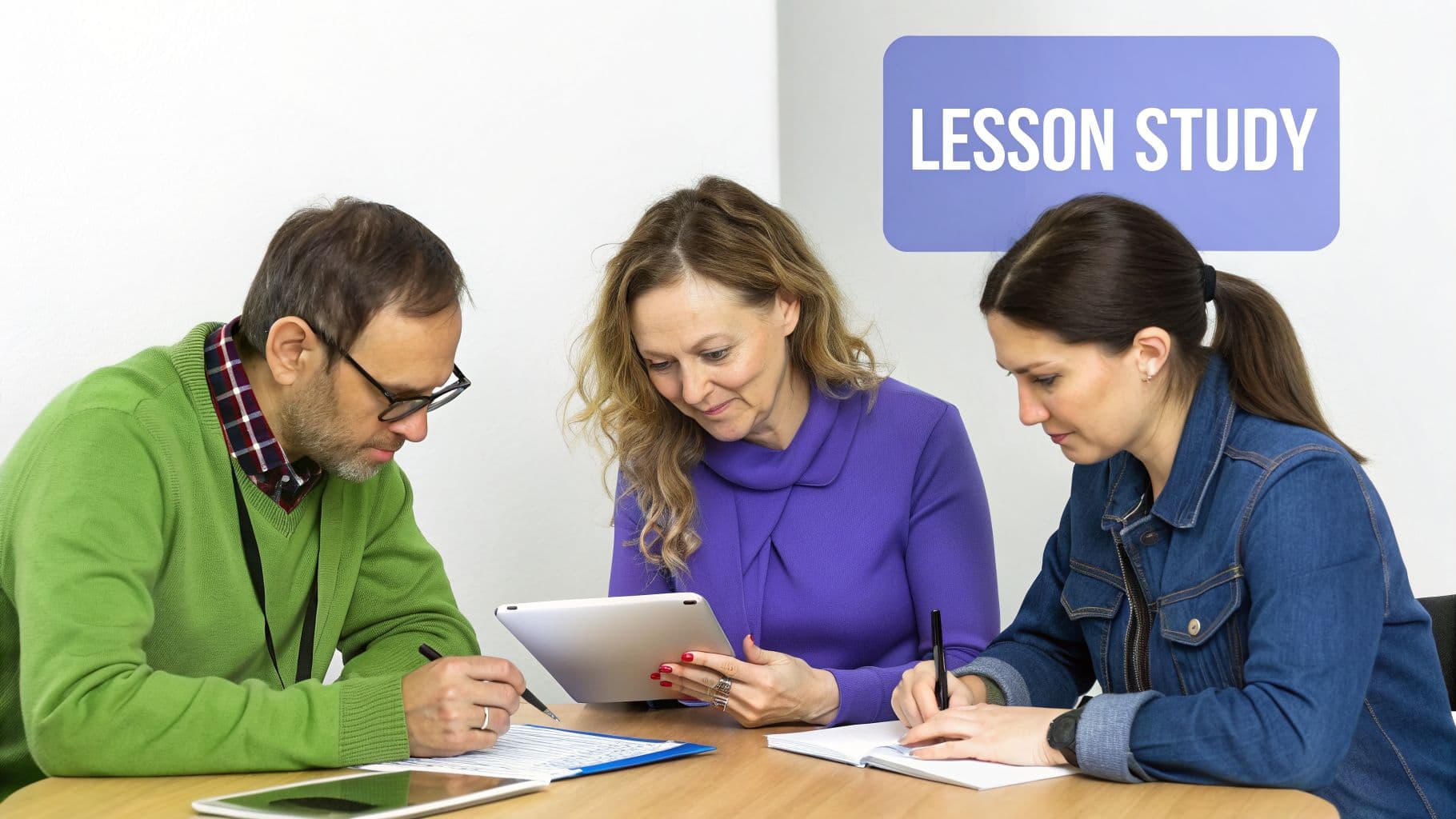 Three educators, two women and one man, collaborating around a table during a lesson study session.