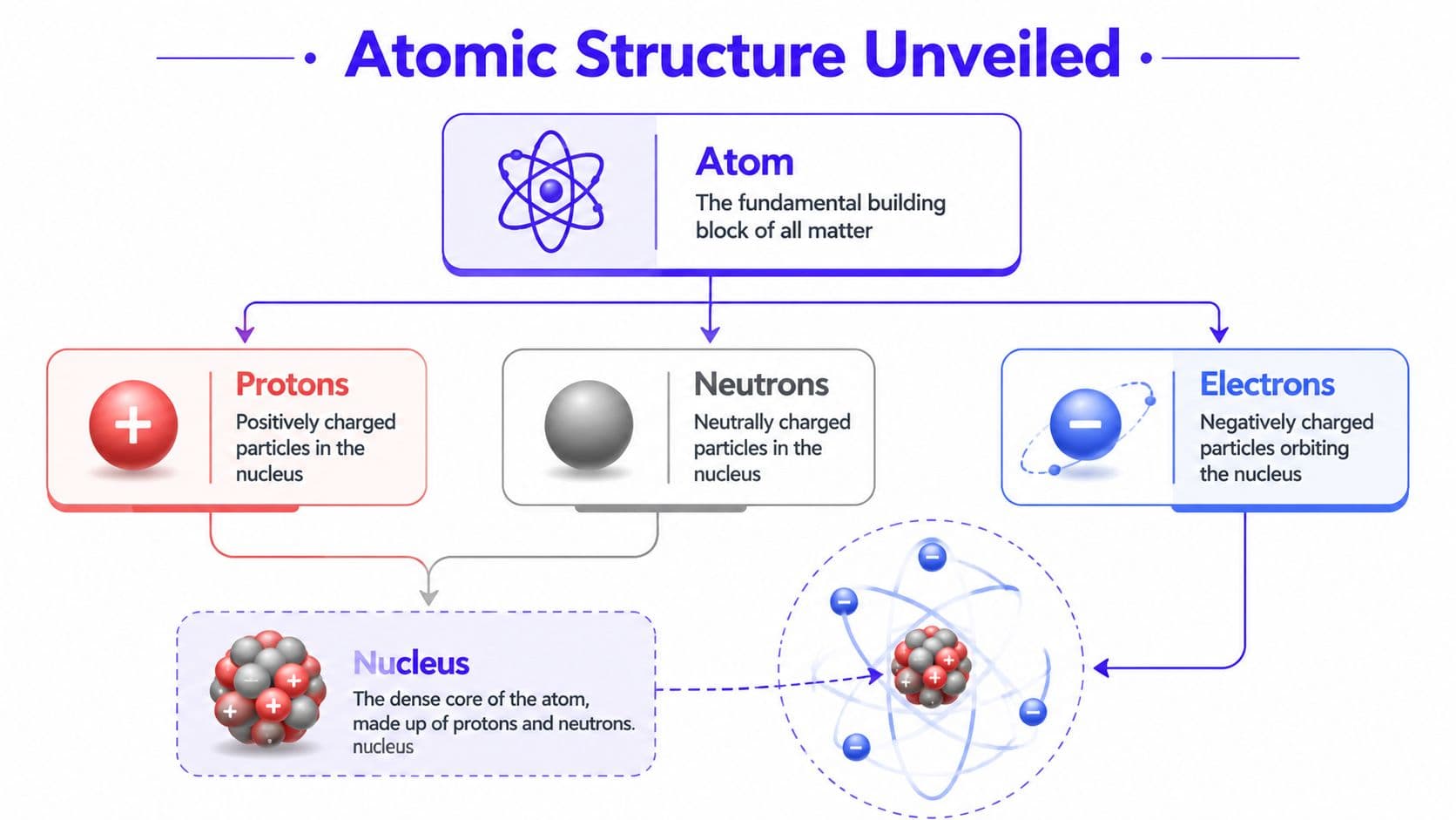 An educational infographic showing the atomic structure, explaining protons, neutrons, electrons, and the central atomic nucleus.
