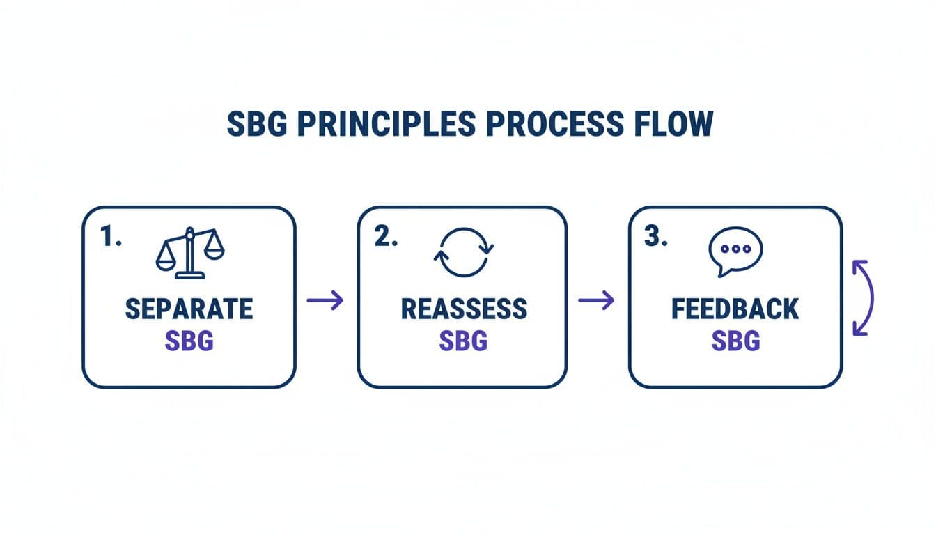 Diagram illustrating the three-step Standards Based Grading (SBG) principles process: Separate, Reassess, Feedback, with a feedback loop.