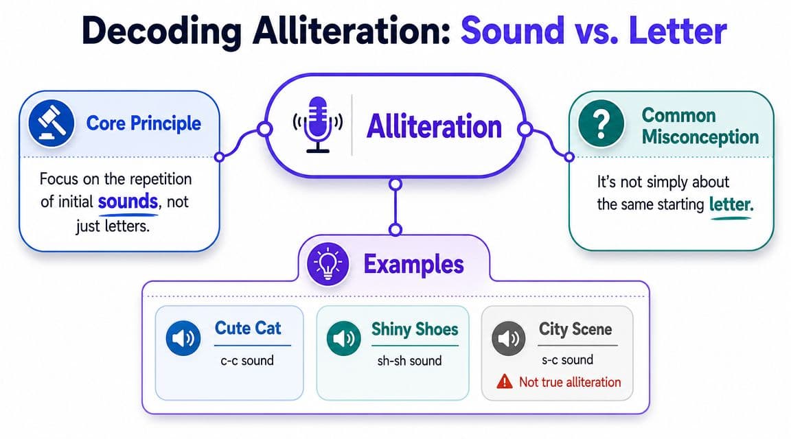 An infographic explaining that alliteration focuses on the repetition of initial sounds rather than just starting letters.