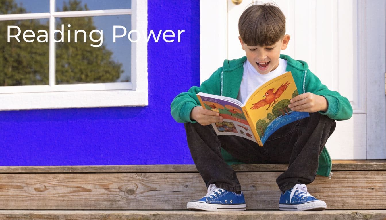 A young boy with a happy expression sits on wooden steps outdoors reading a colorful storybook.