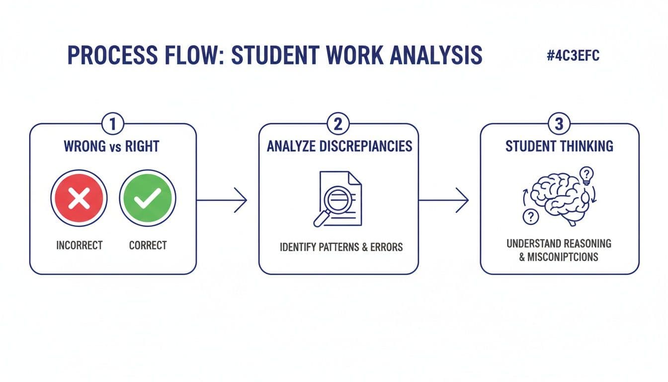 A three-step process flow diagram illustrates student work analysis, covering wrong vs right, discrepancies, and student thinking.
