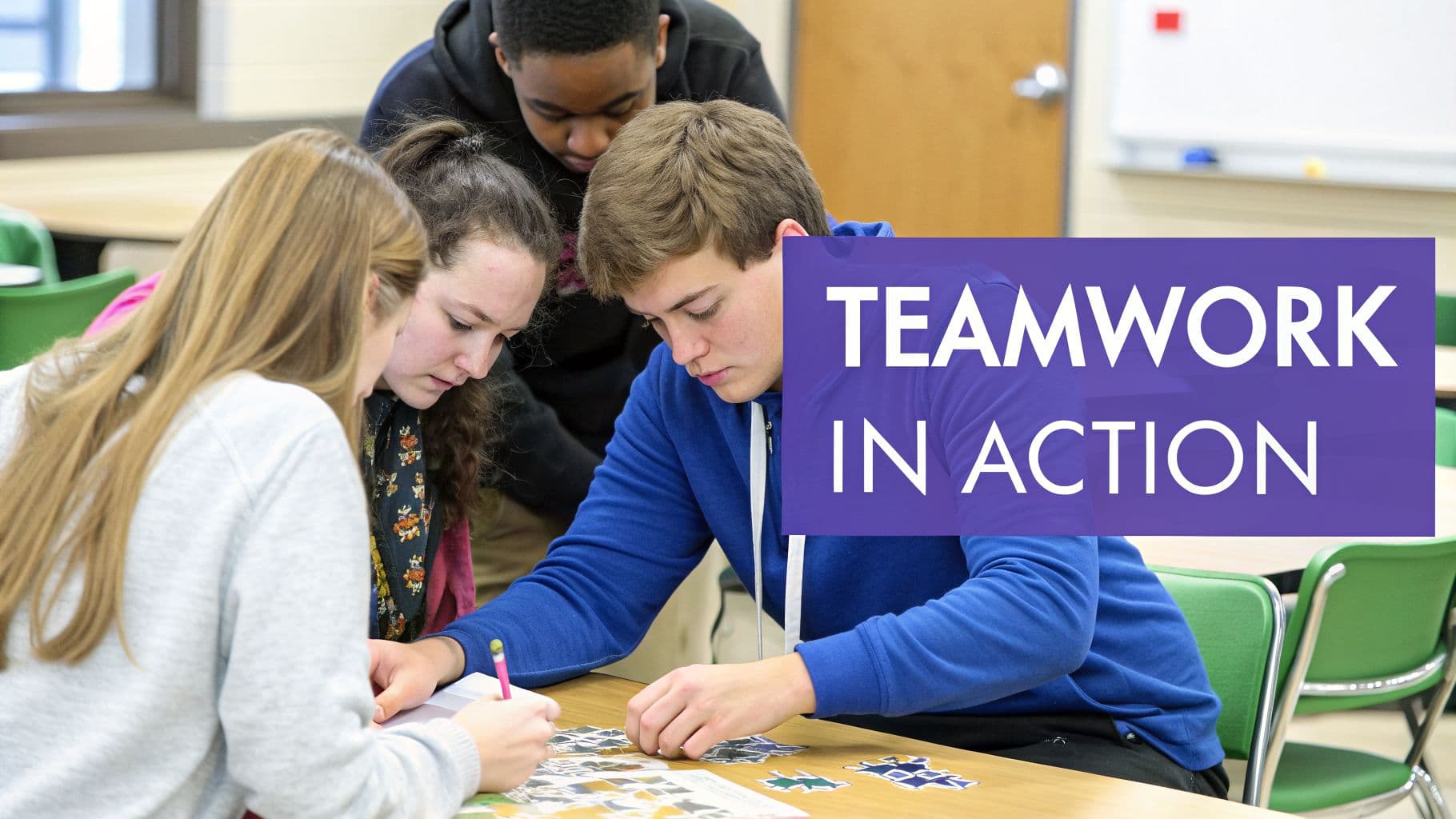 Students collaborate on an activity at a classroom table, demonstrating teamwork in action.