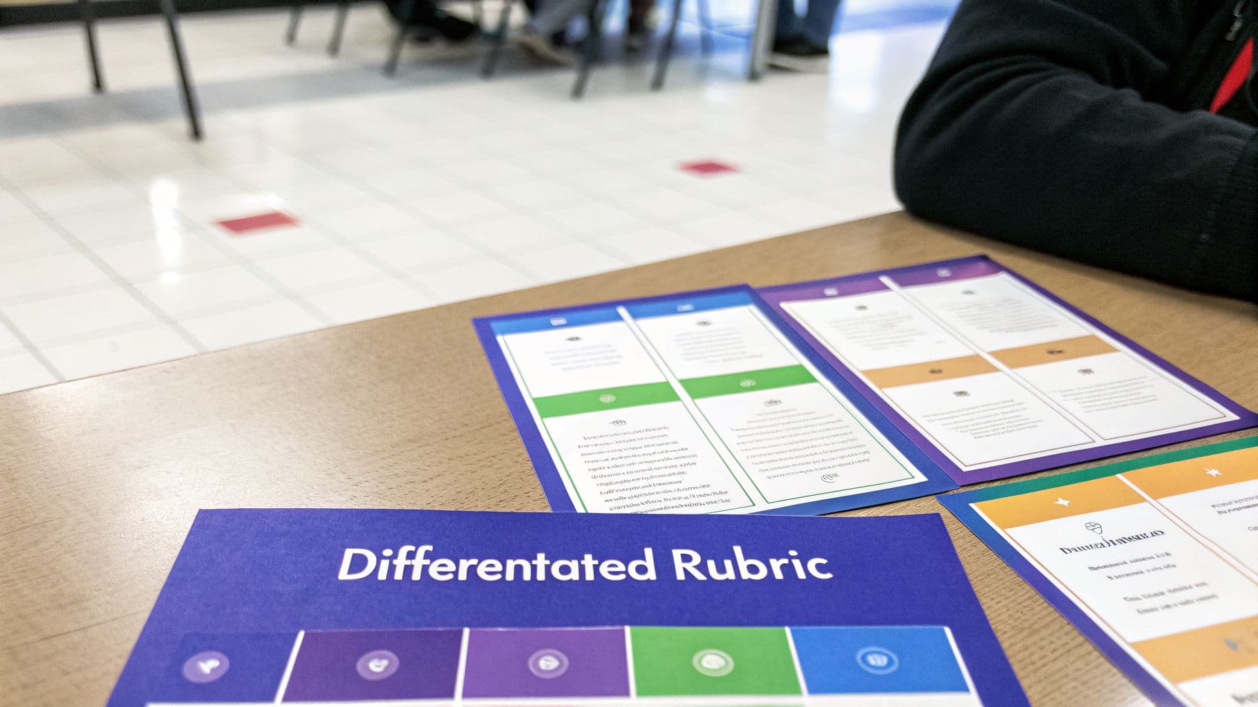Several colorful differentiated rubric documents are spread on a wooden table, ready for use.