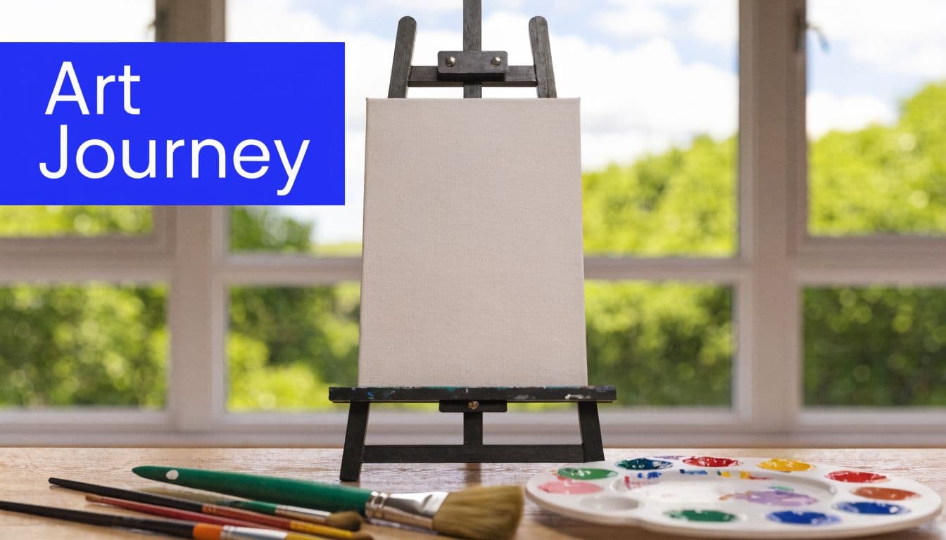 A blank canvas sits on a wooden easel with painting brushes and a paint palette on a table.