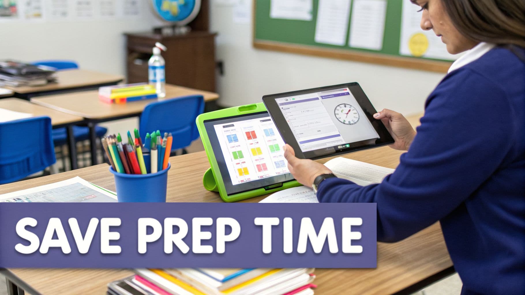A teacher uses two tablets in a classroom, showcasing educational technology to save prep time.