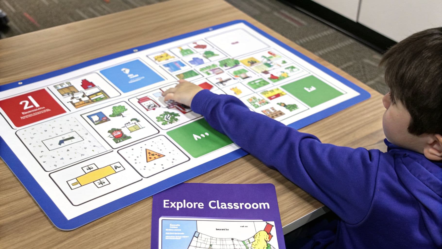 A child's hand interacts with a colorful educational mat on a wooden table, next to an 'Explore Classroom' book.