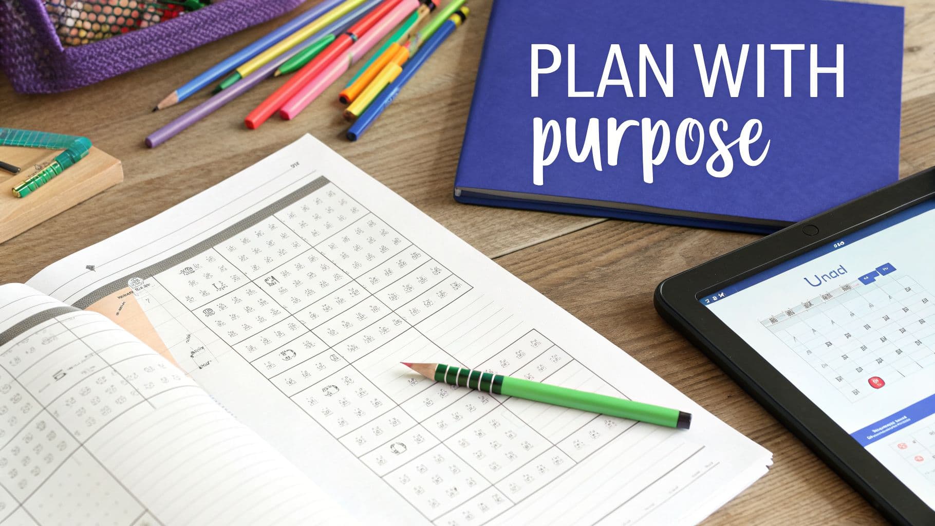 A desk setup with an open planner, colored pencils, a tablet, and a blue binder reading 'PLAN WITH purpose'.