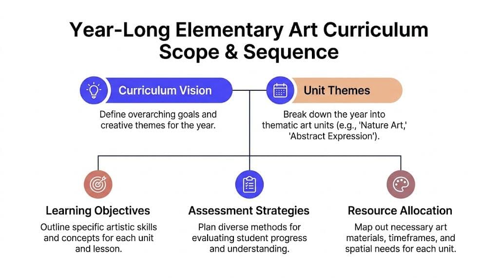 A diagram outlining the components of a year-long elementary art curriculum, including vision, themes, objectives, and assessment.