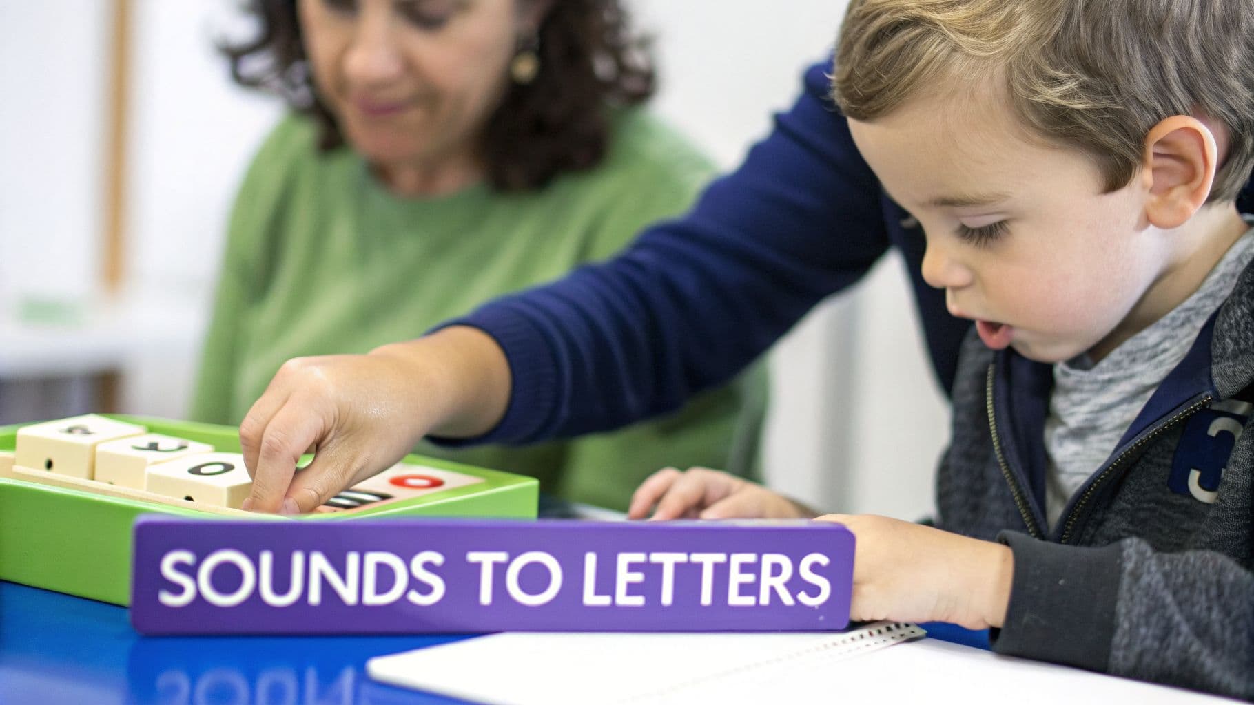 An adult teaches a young child phonics using letter blocks and a 'SOUNDS TO LETTERS' sign.