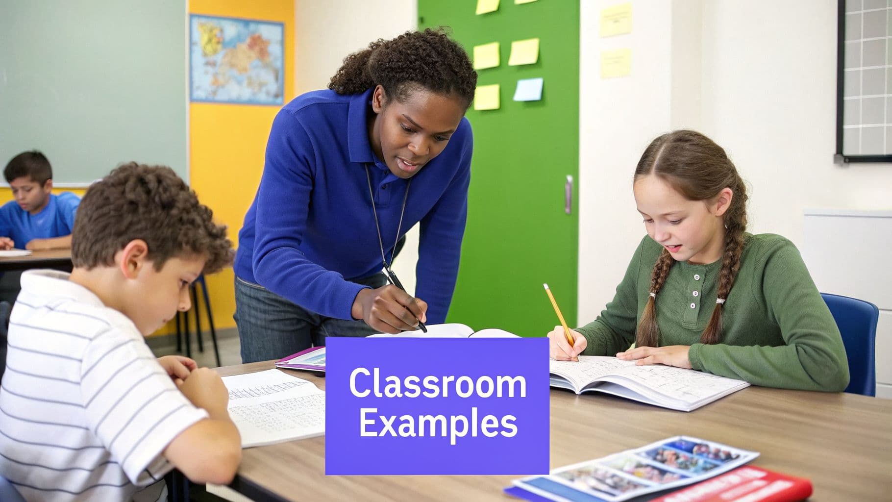 A teacher assists two young students with their writing in a vibrant elementary classroom.