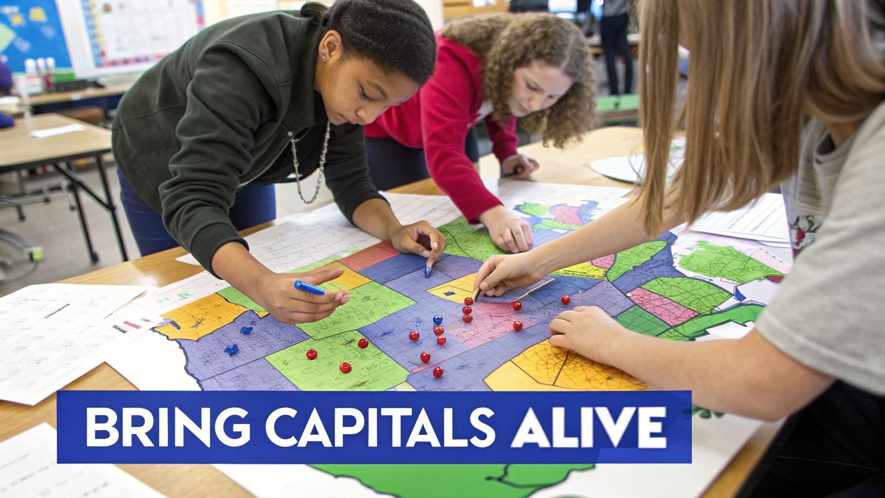 Diverse students actively learn geography, placing colorful pins on a large map during an engaging classroom activity.