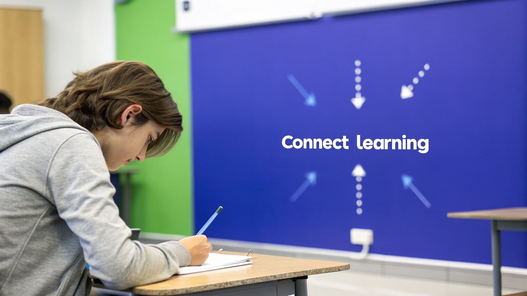 A student in a grey hoodie writes in a notebook at a desk in a modern classroom.
