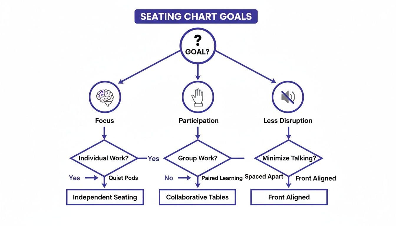 A flowchart outlining seating chart goals for classrooms: Focus, Participation, and Less Disruption, leading to different seating arrangements.