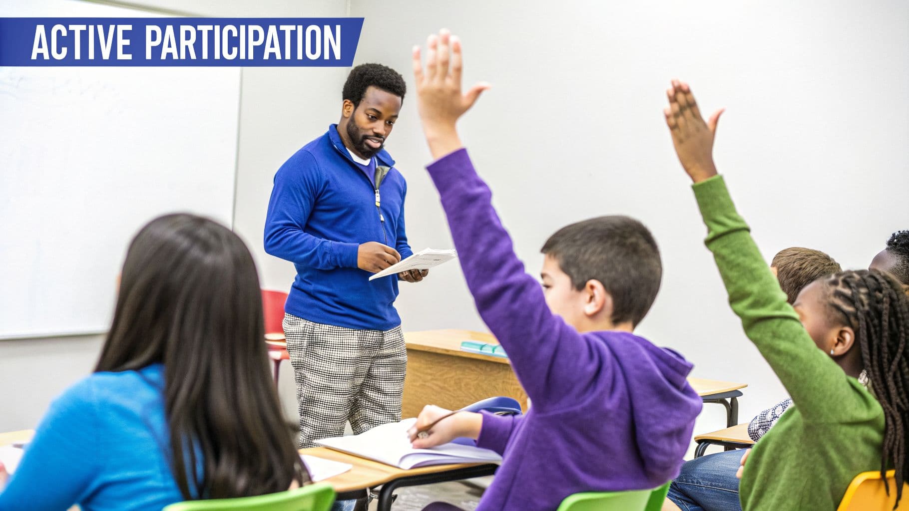 Diverse students actively participate in a classroom, raising hands for a teacher.