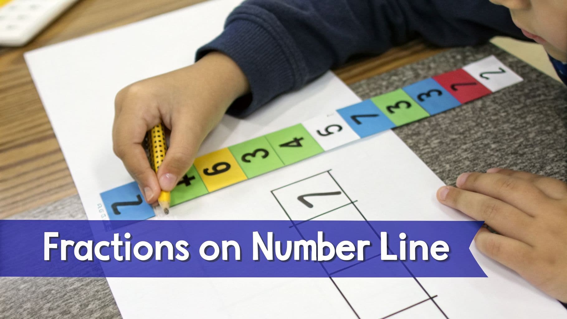 A student's hand holding a yellow pencil traces numbers on a worksheet for learning fractions on a number line.