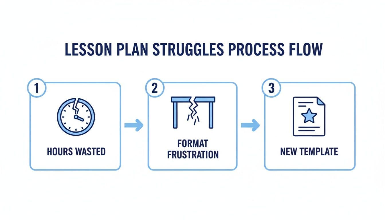 Flowchart illustrating lesson plan struggles, moving from wasted hours and format frustration to a new template.
