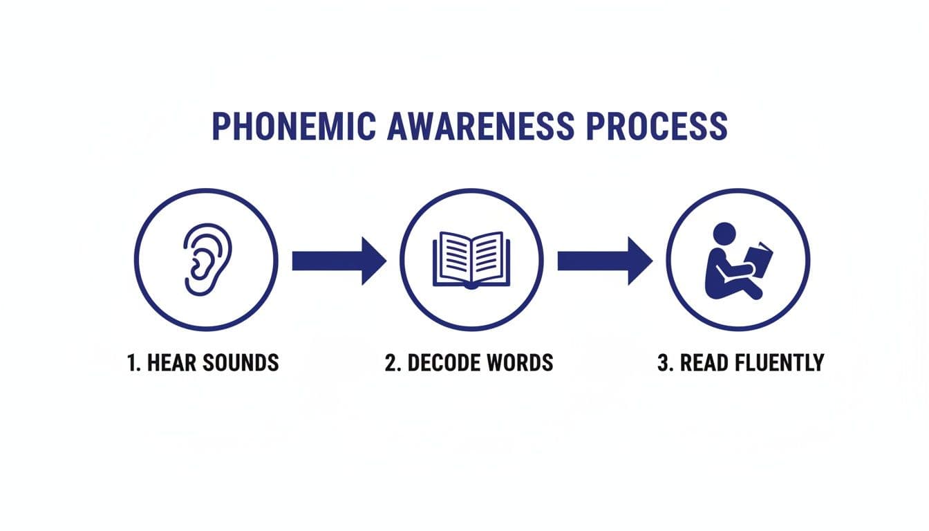 A flowchart illustrating the phonemic awareness process: hear sounds, decode words, and read fluently.