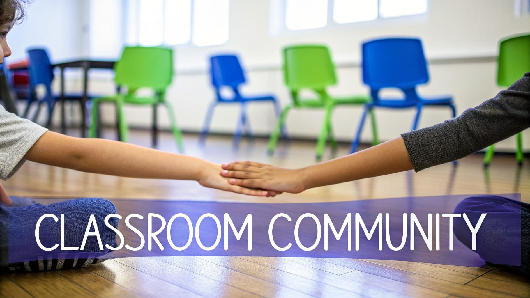 Two children connect hands on a classroom floor, highlighting a strong community spirit.